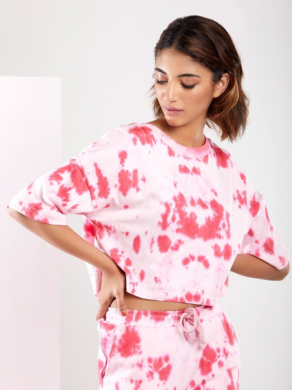 White Pink Hand Tie and Dye Crop Top