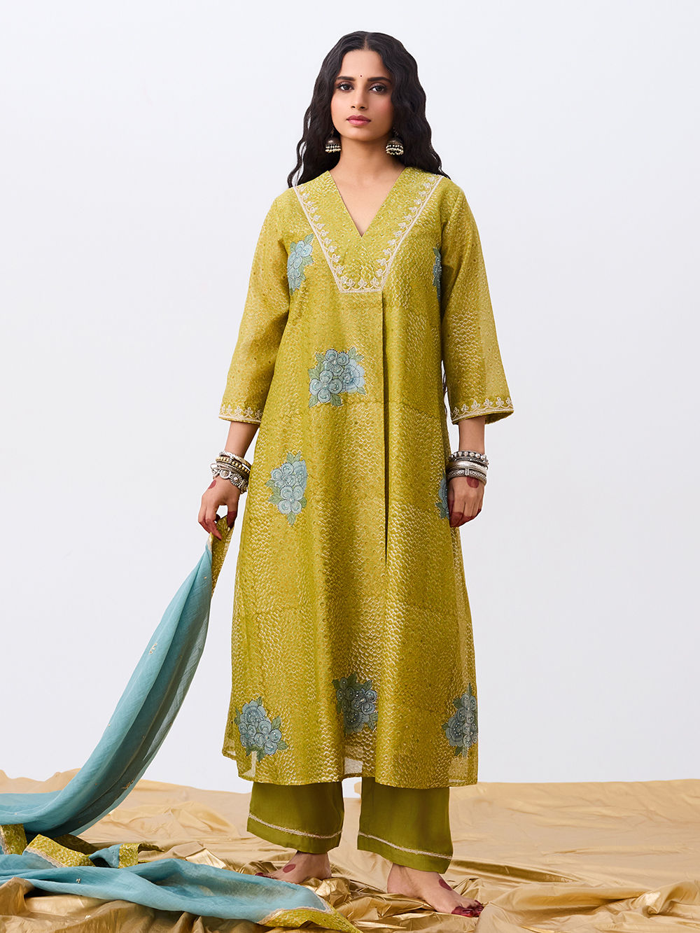 Green Hand Block Printed Chanderi Silk Kurta
