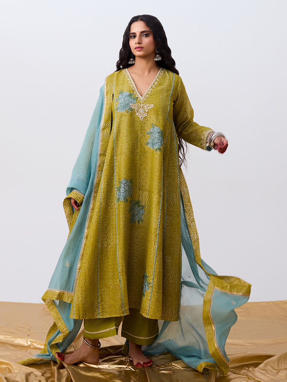 Green Hand Block Printed Chanderi Silk Kurta