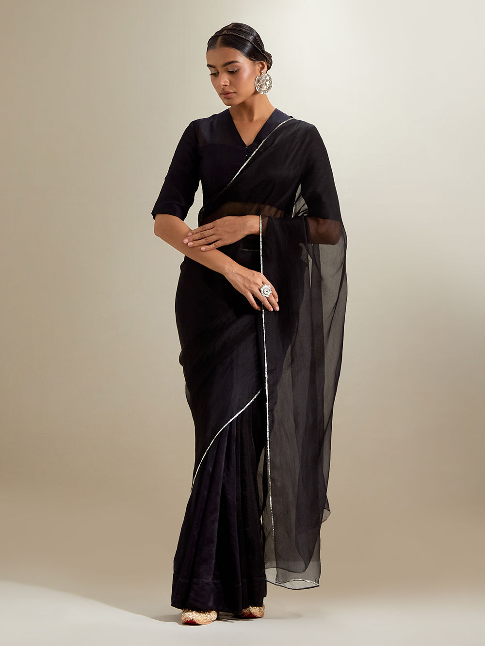 Black Chanderi Saree with Blouse- Set of 2