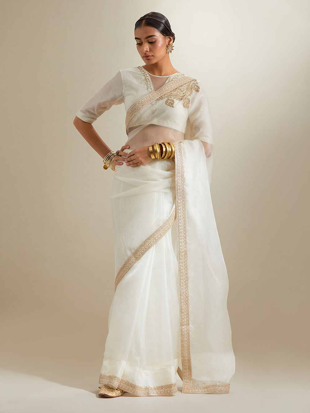 White Embroidered Chanderi Saree with Blouse- Set of 2
