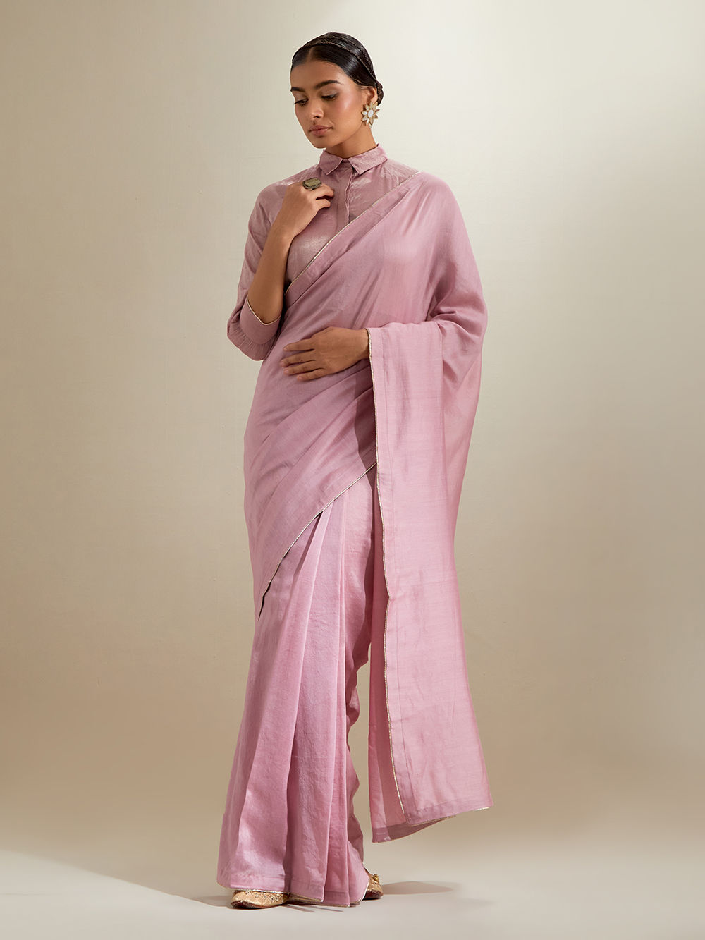Pink Chanderi Saree with Blouse- Set of 2
