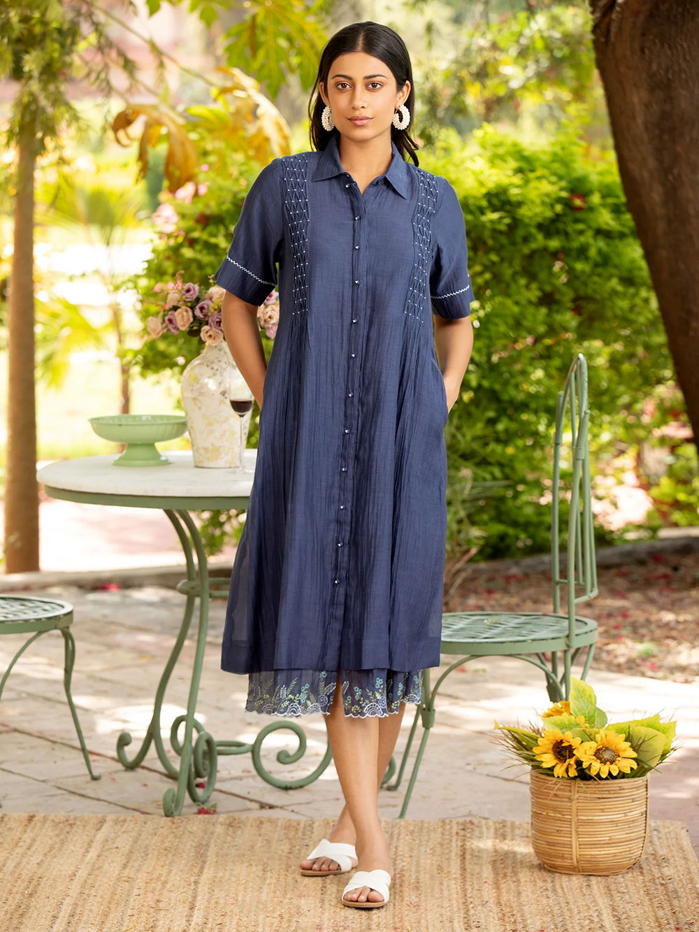 Blue Hand Embroidered Cotton Silk Dress