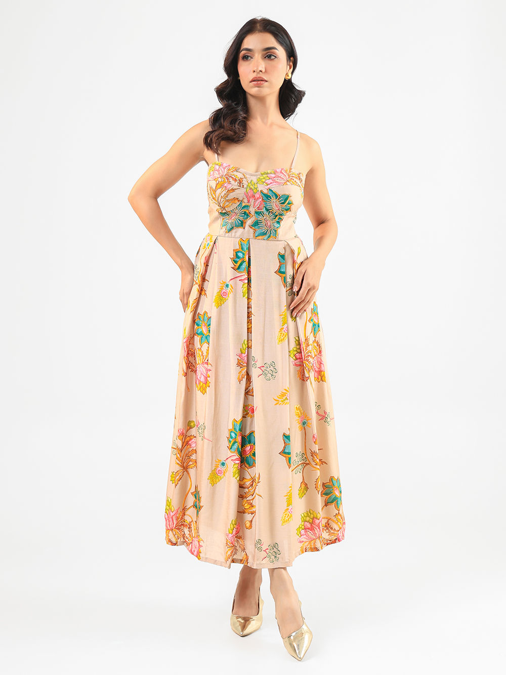 Beige Printed Silk Hand Embroidered Dress