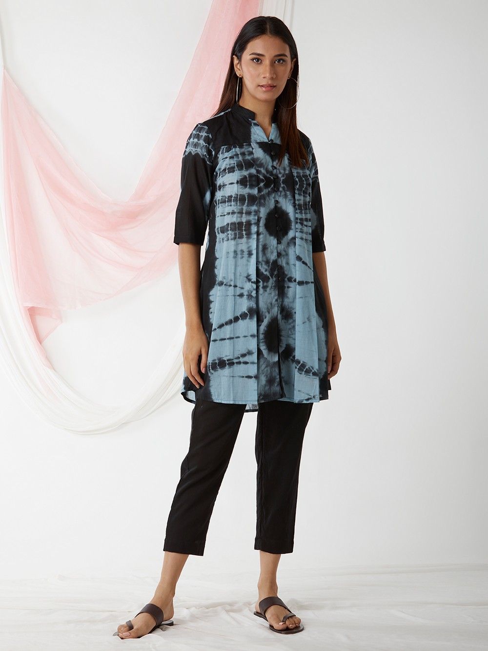 Black Sky Blue Tie and Dye Cotton Mulmul Tunic