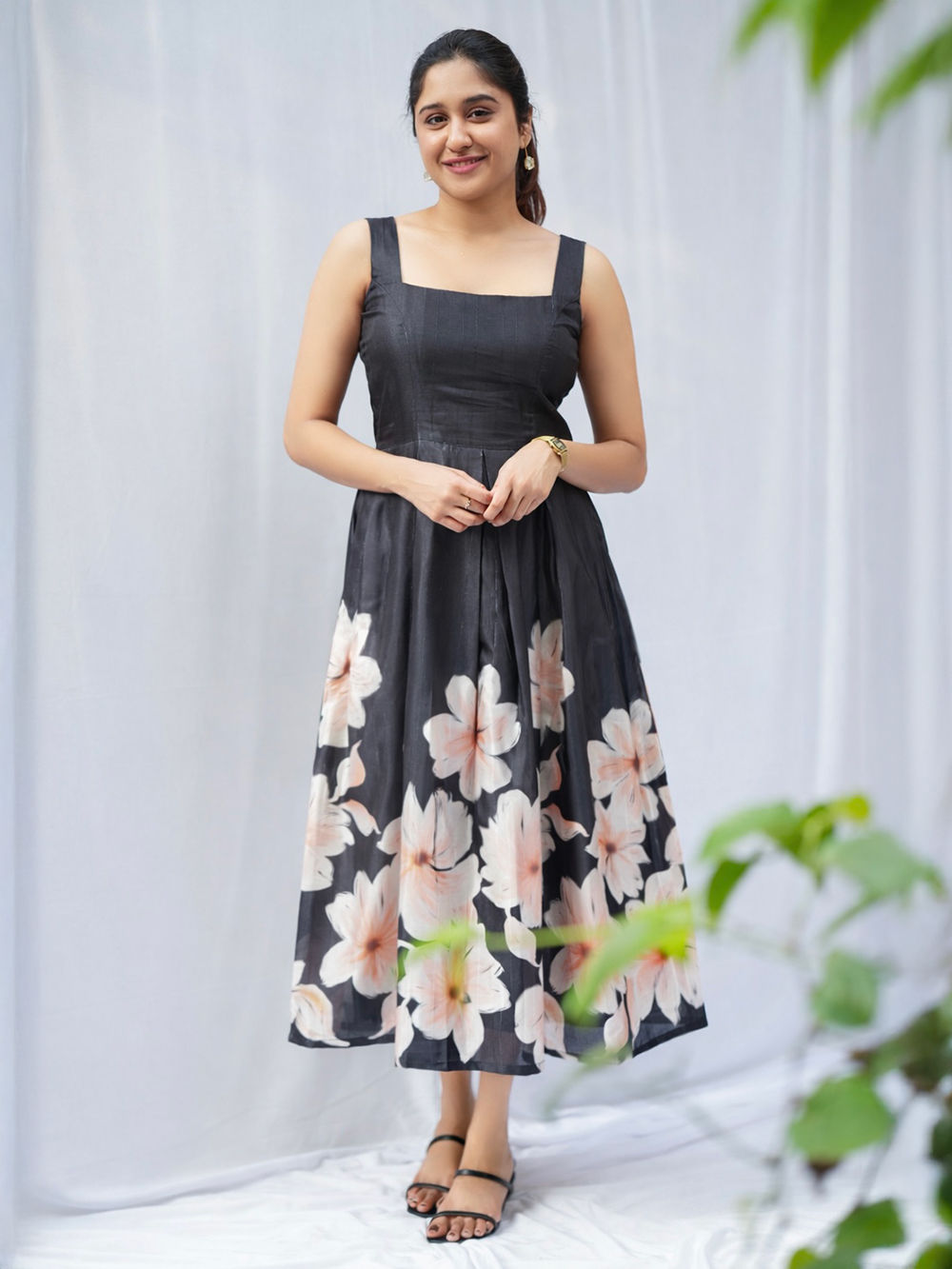 Black Printed Tussar Silk Dress