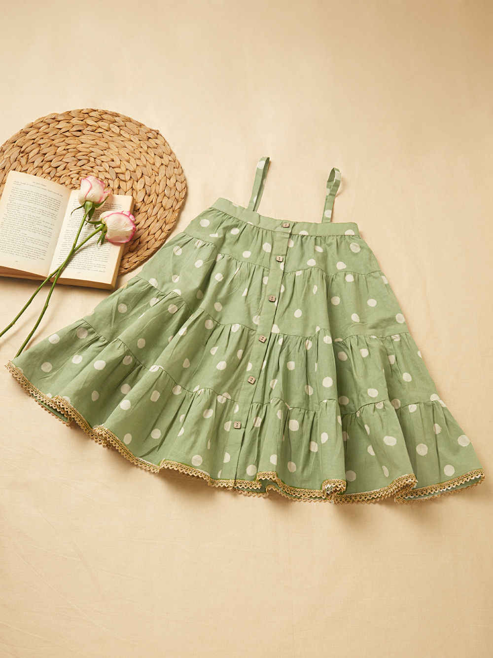 Sage Green Polka Dot Hand Block Printed Mulmul Dress