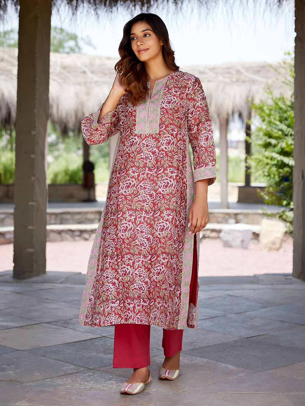Red Printed Chanderi Silk Kurta
