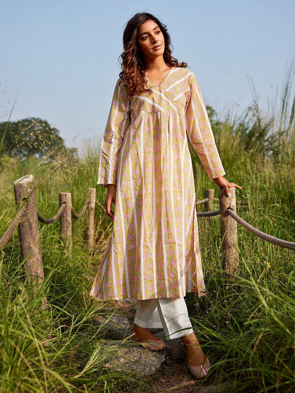 Yellow Printed Chanderi Silk Kurta