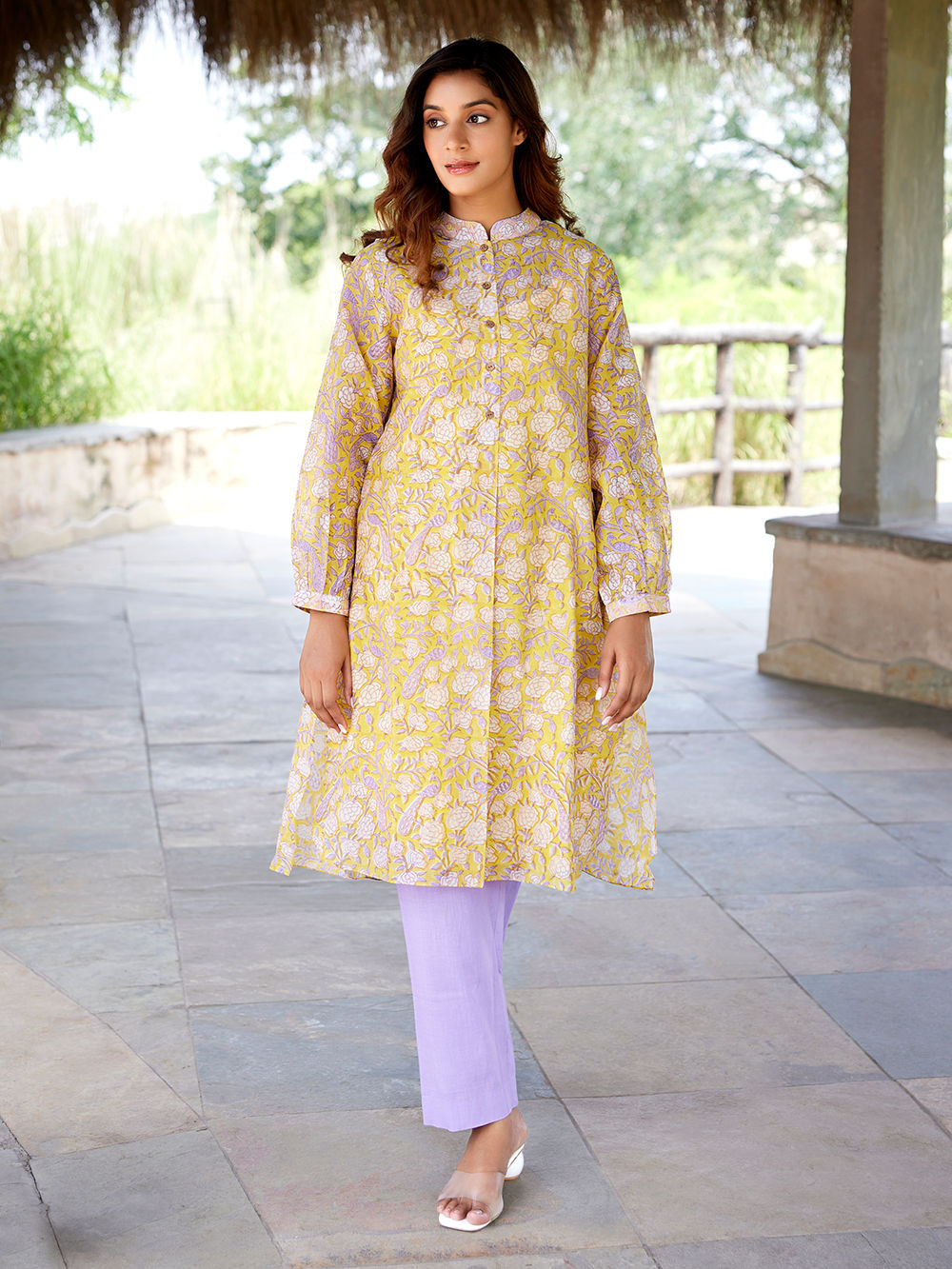 Yellow Printed Chanderi Silk Kurta