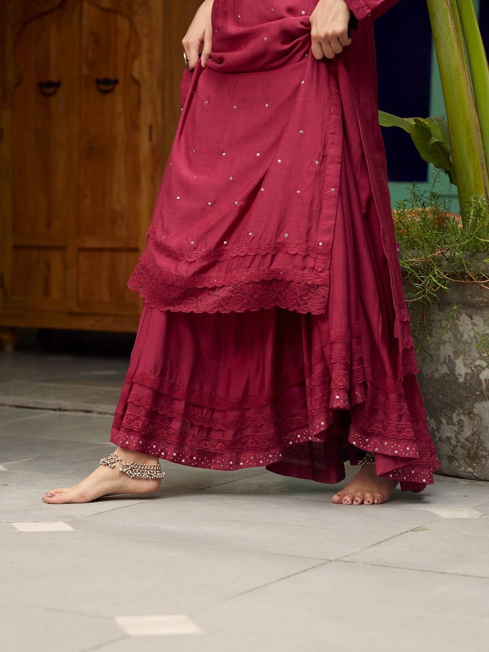 Maroon Mukaish Work Cotton Silk Skirt