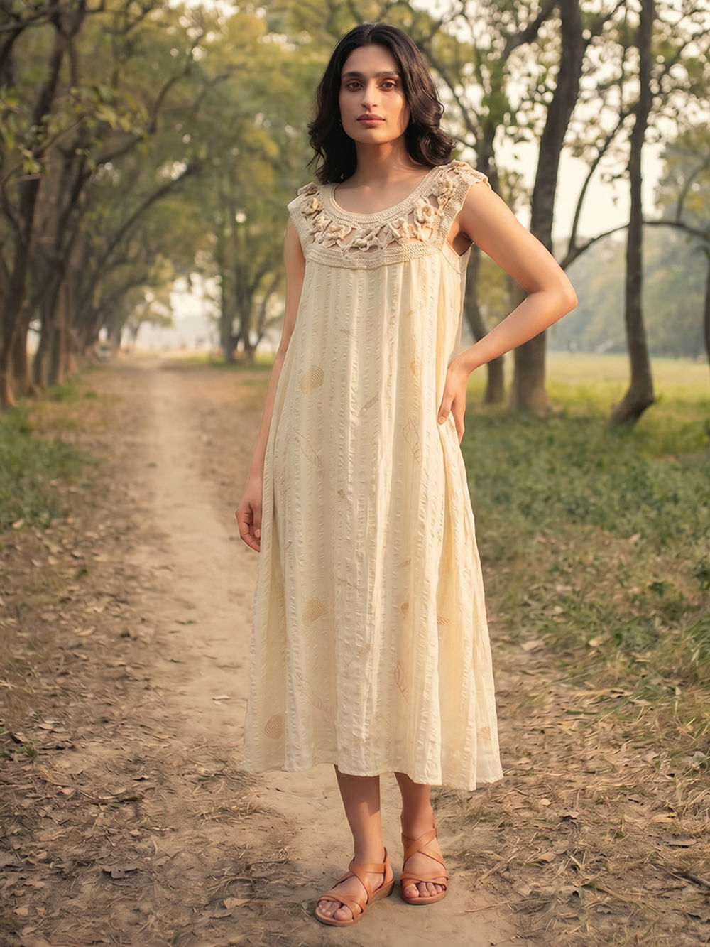 Beige Hand Block Printed Matka Silk Dress