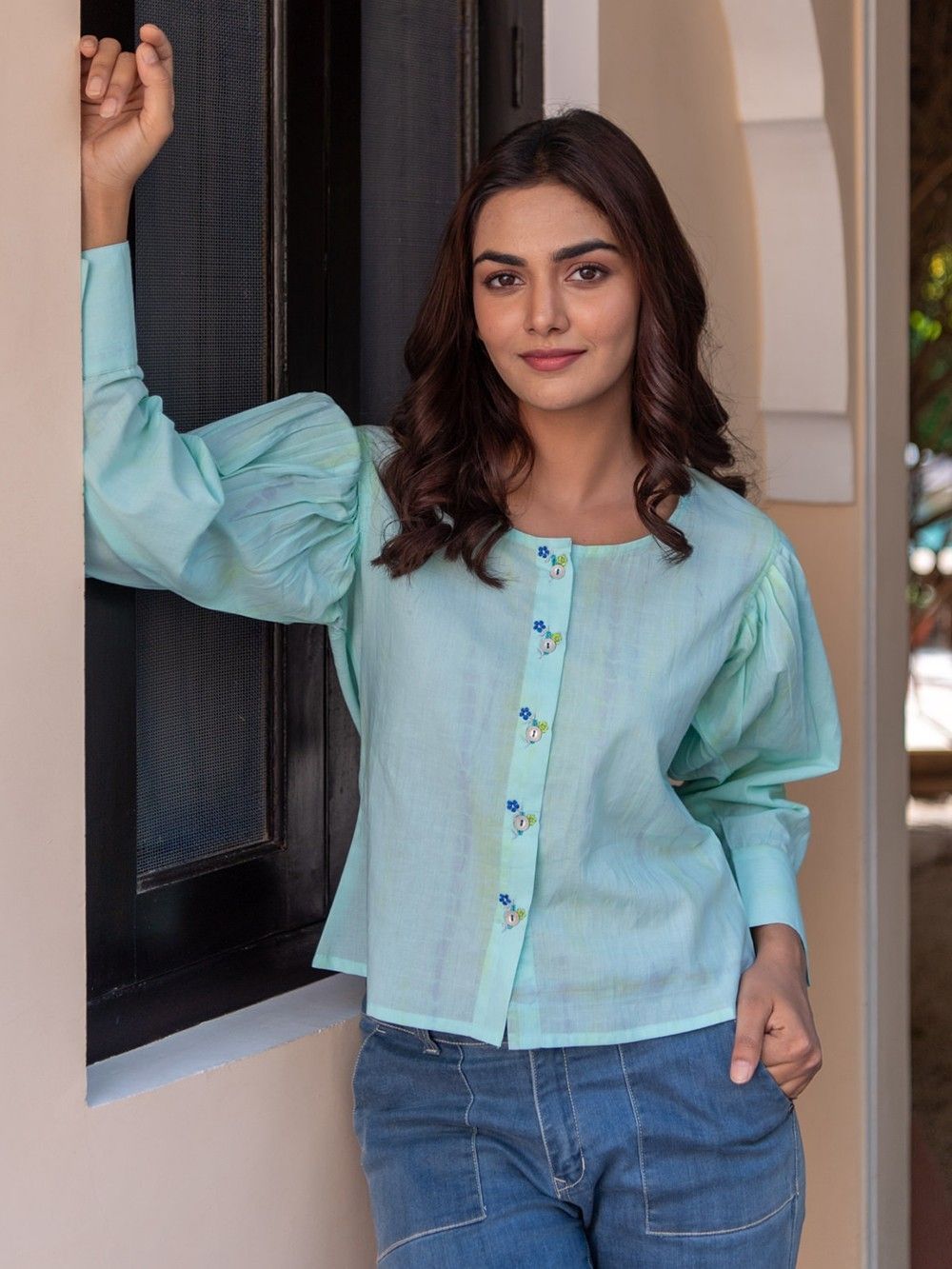 Sea Green Tie and Dye Cotton Crop Shirt