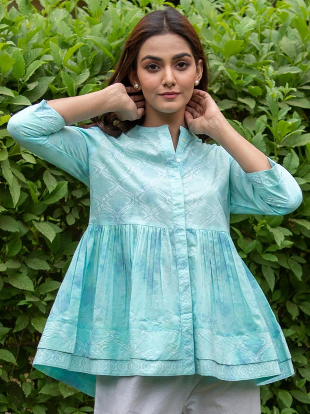 Sea Green Tie and Dye Cotton Hand Block Printed Shirt