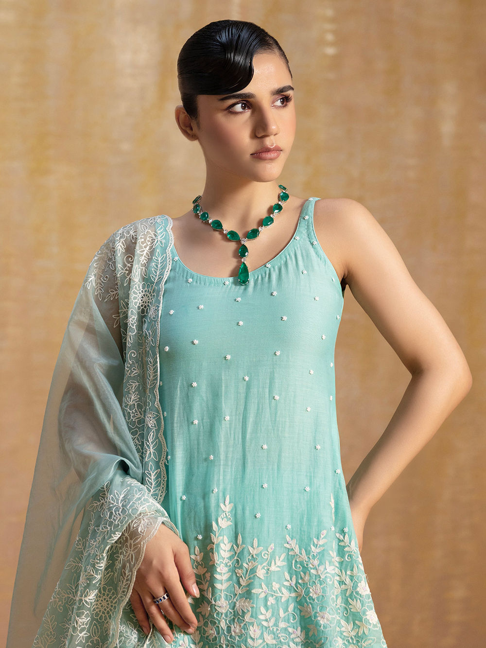 princess polly baby blue dress Blue Embroidered Chanderi Silk Suit- Set of 3