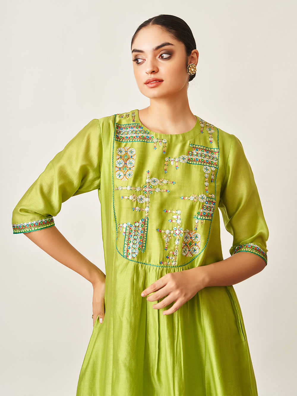 Lime Green Gota Patti Chanderi Silk Suit- Set of 3