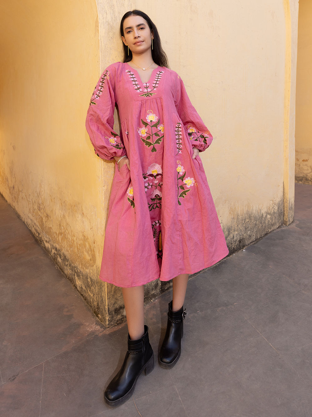 Pink Hand Embroidered Linen Blend Dress with slip