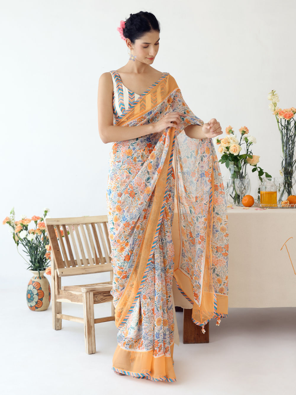 Orange Printed Chiffon Saree with Blouse- Set of 2