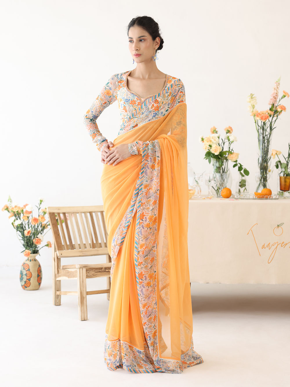 Orange Printed Chiffon Saree with Blouse- Set of 2