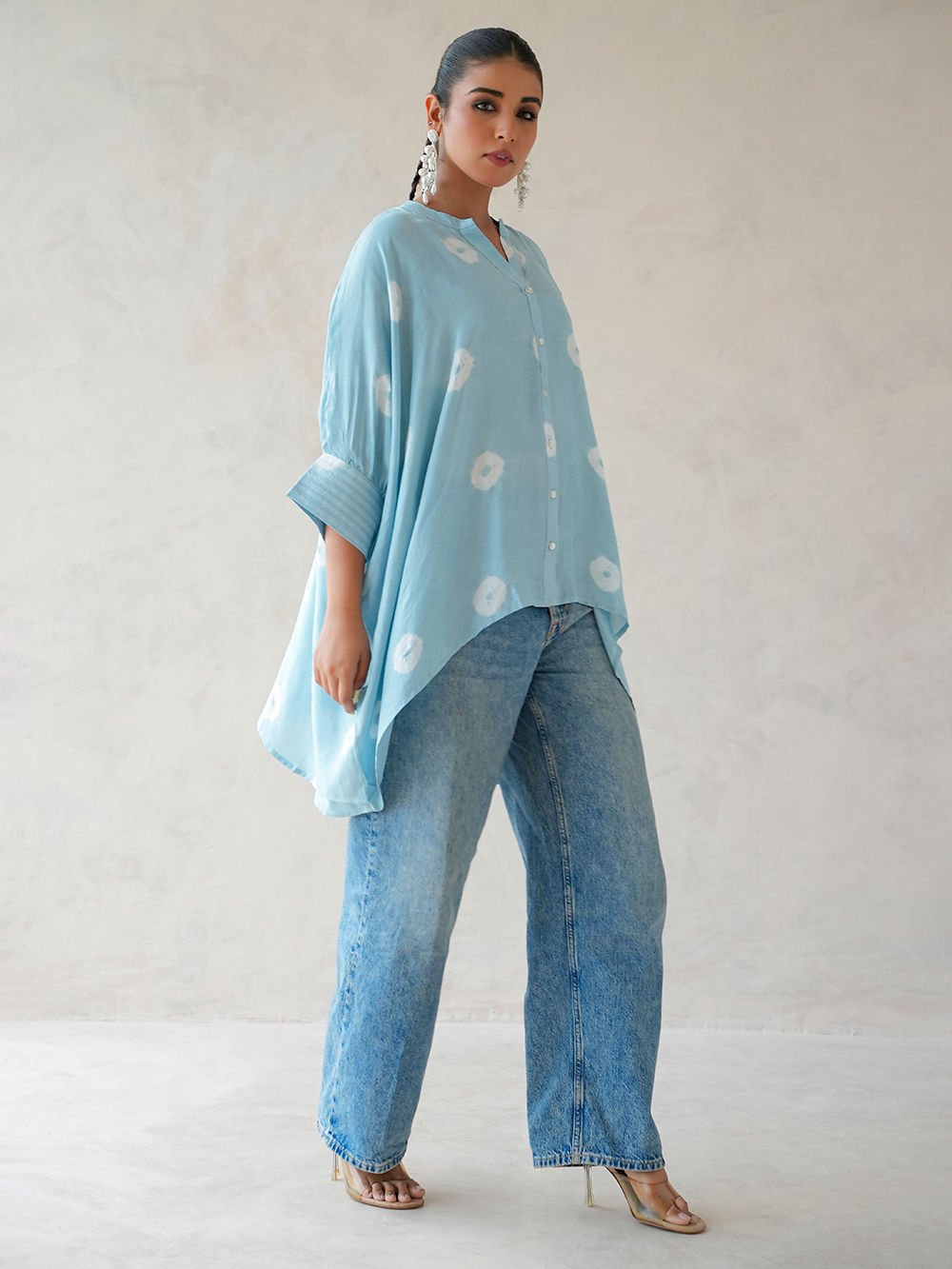 Blue Bandhani Tie and Dye Muslin Kaftan Shirt