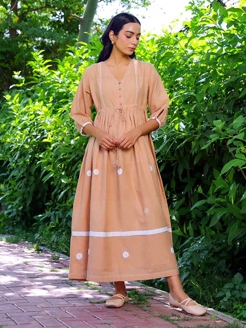 Beige Hand Embroidered Cotton Dress