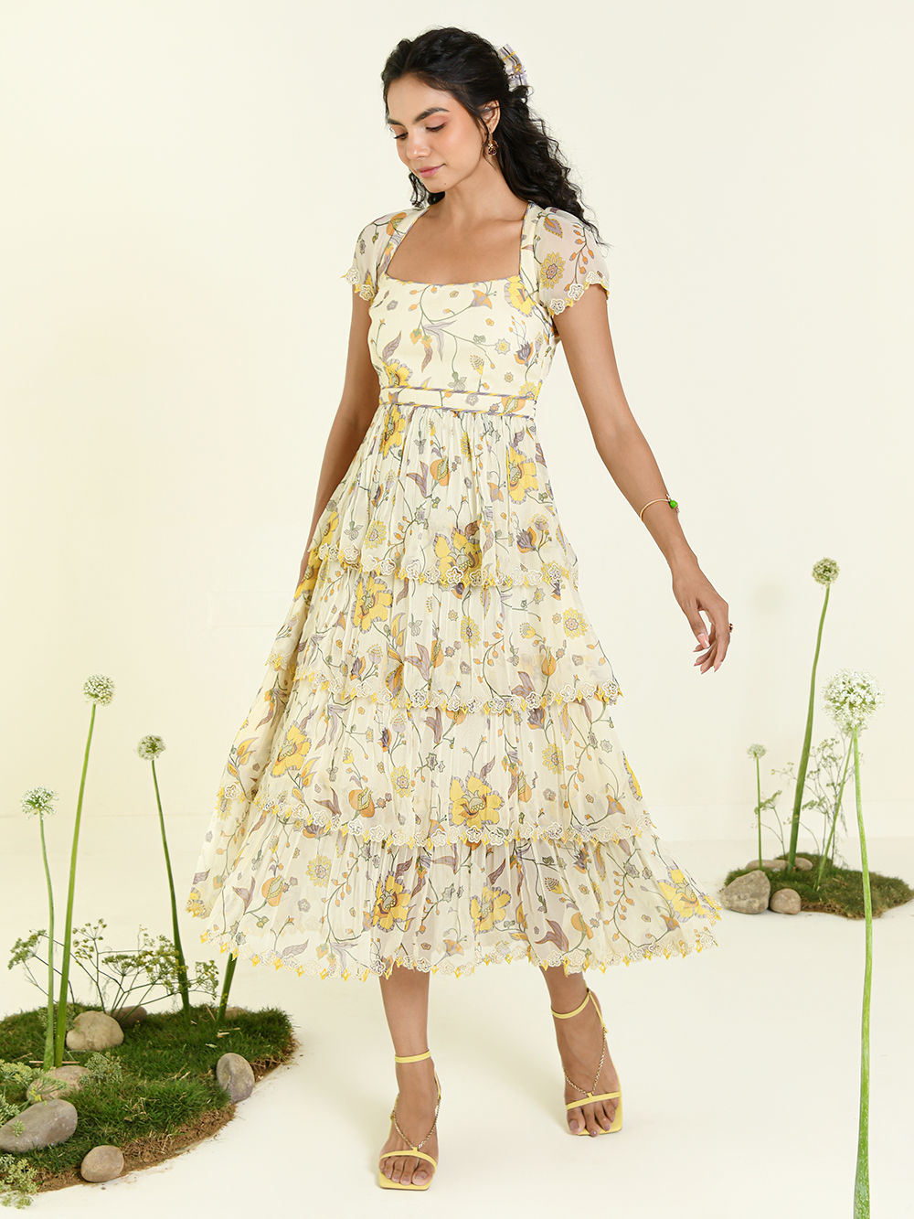 sachin and babi light blue dress Quiz Chiffon Floral Dip Hem Tiered Midi Dress main image 1
