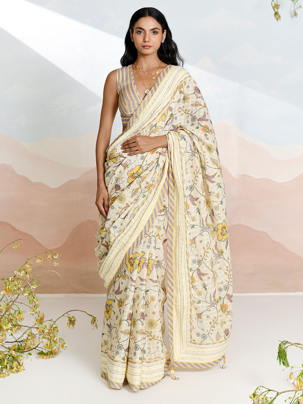 Beige Printed Cotton Dobby Saree with Blouse - Set of 2