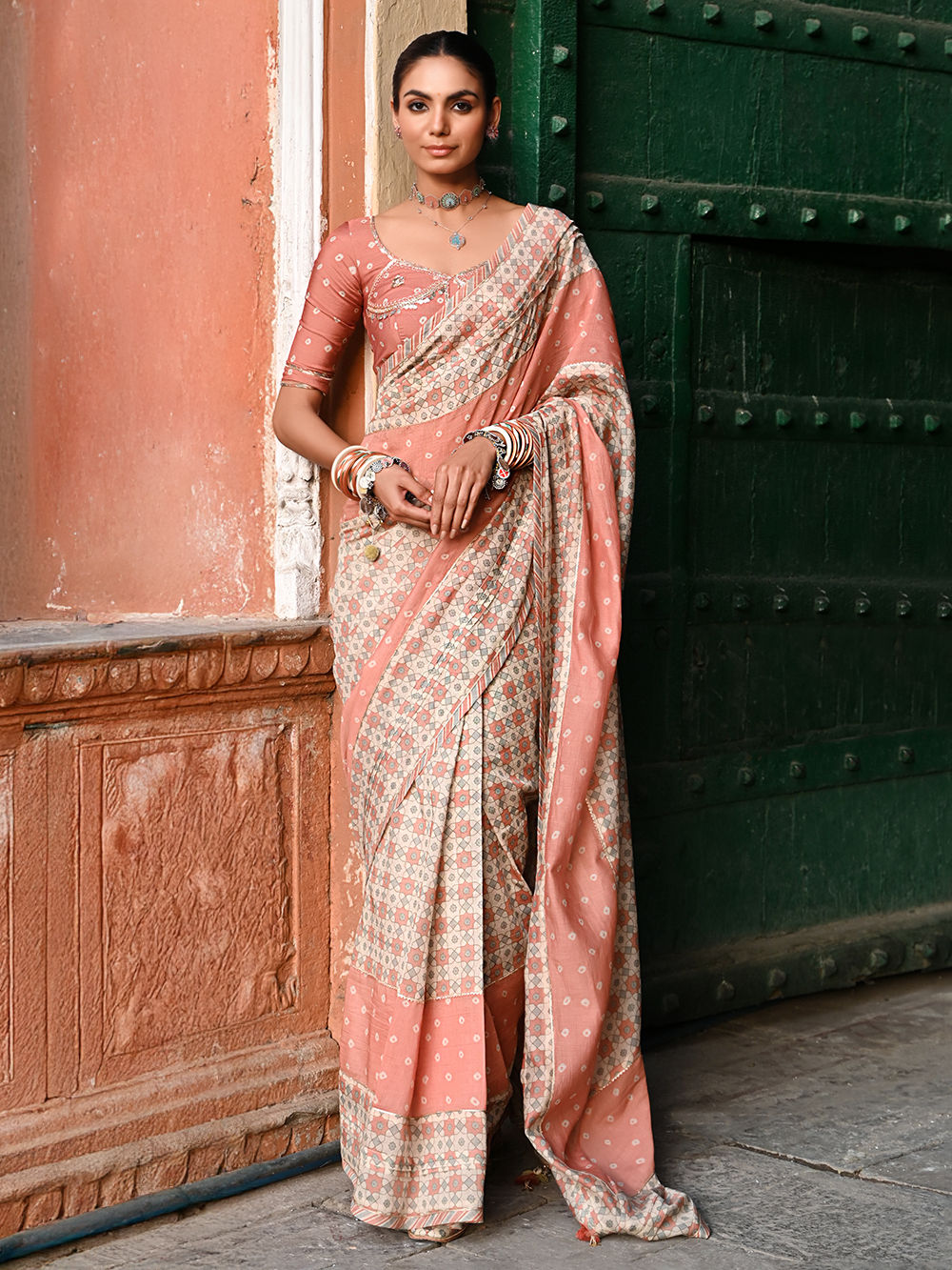 Multicolor Printed Chanderi Saree with Blouse - Set of 2