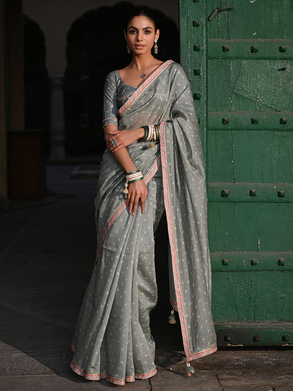 Green Printed Chanderi Saree with Blouse - Set of 2