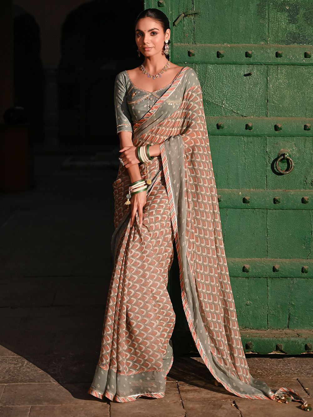Multicolor Printed Chiffon Saree with Blouse - Set of 2