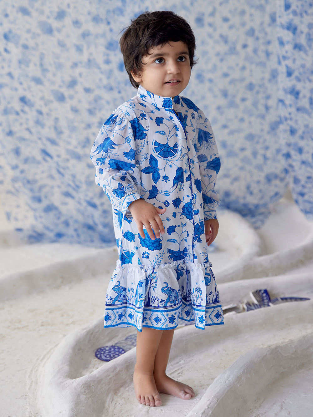 Blue White Printed Cotton Modal Dress