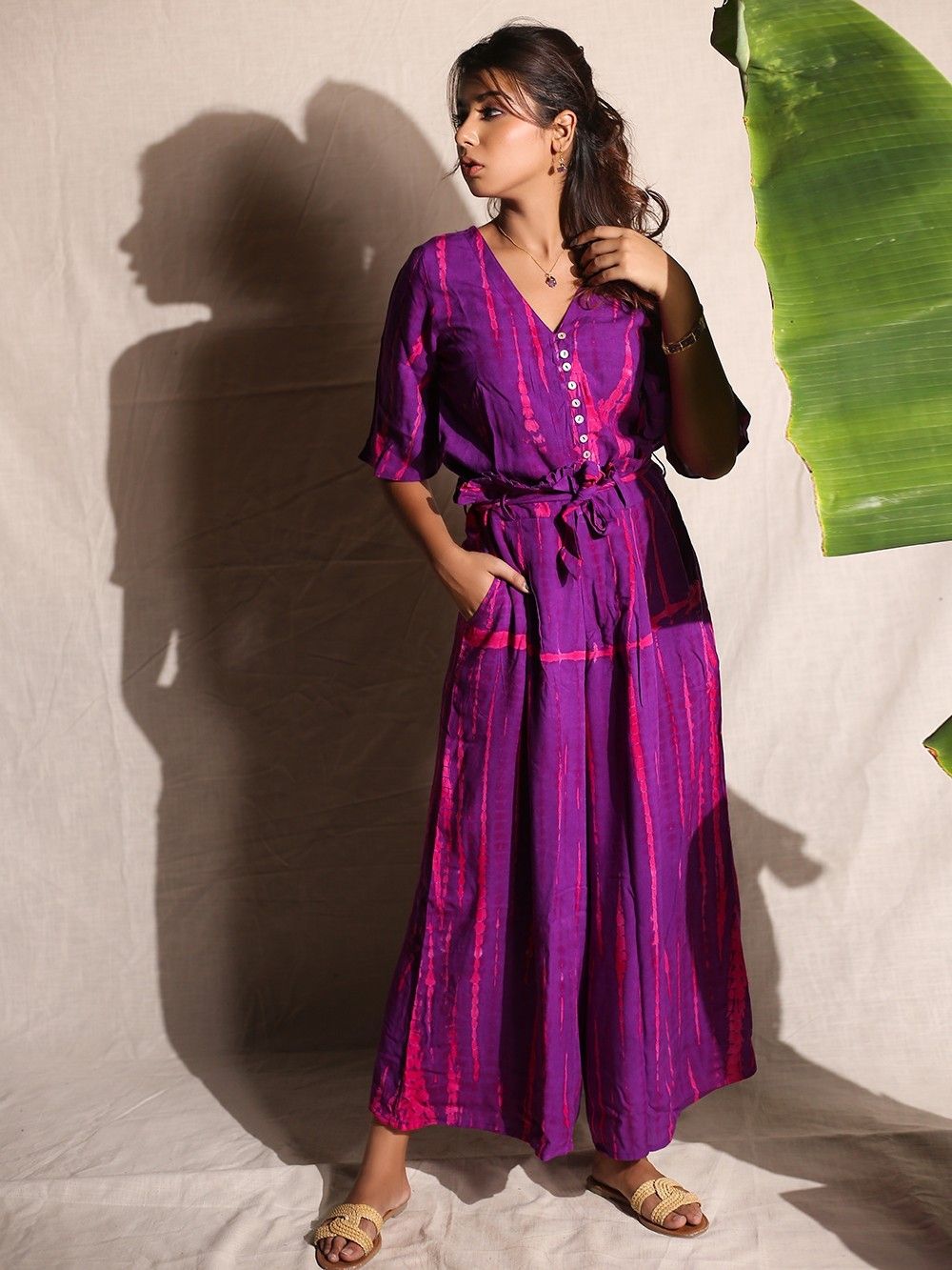 Purple Pink Tie and Dye Rayon Top with Palazzo - Set of 2