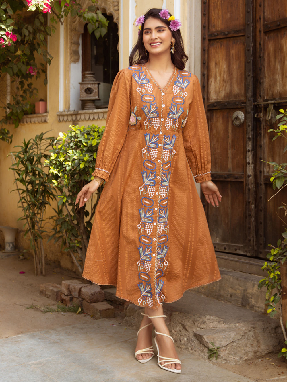 Rust Embroidered Cotton Dress