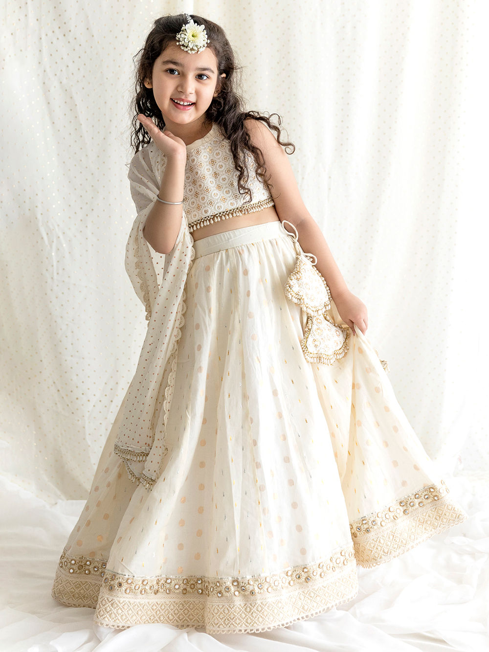 Ivory Embroidered Cotton Lehenga Set- Set of 3