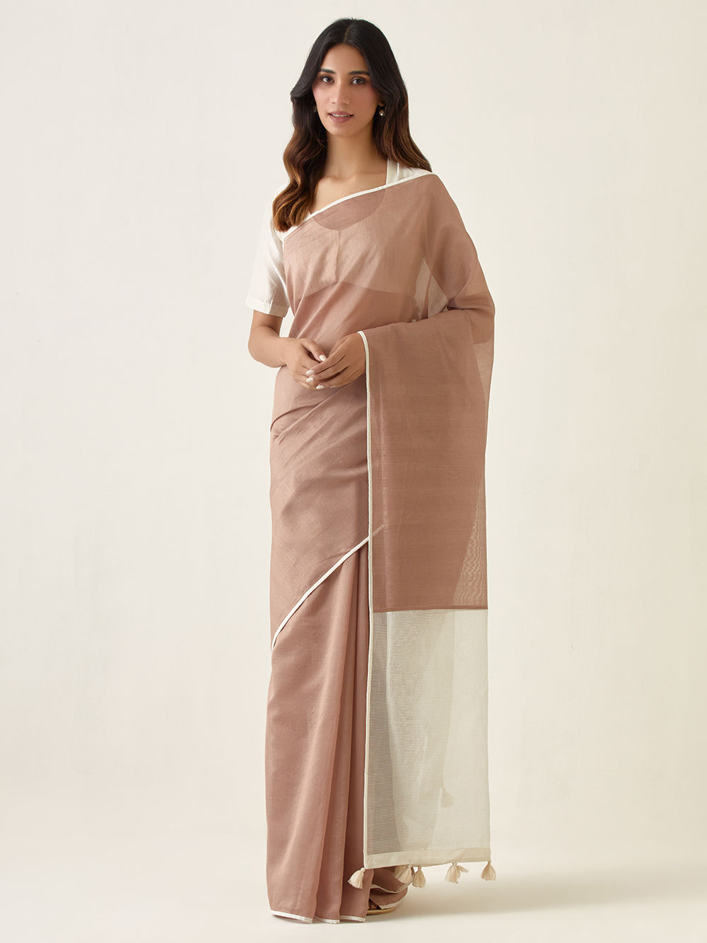 Beige Handwoven Chanderi Saree with Blouse- Set of 2