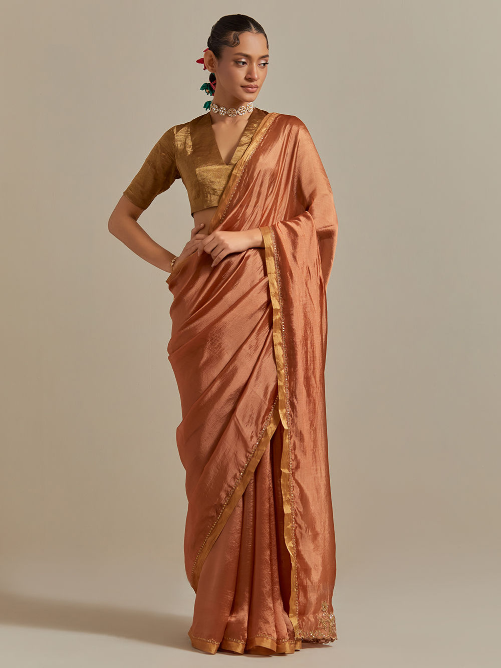 Brown Embroidered Chanderi Saree with Blouse- Set of 2