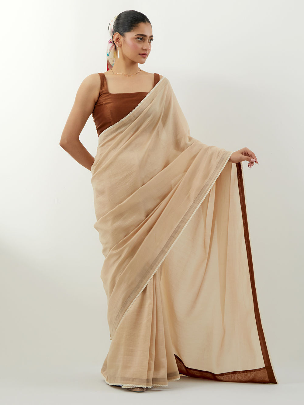 Beige Chanderi Saree with Blouse- Set of 2
