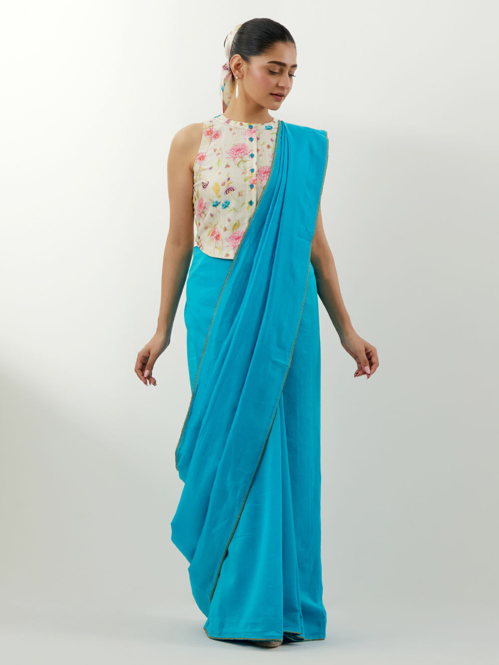 Blue Chanderi Saree with Printed Blouse- Set of 2