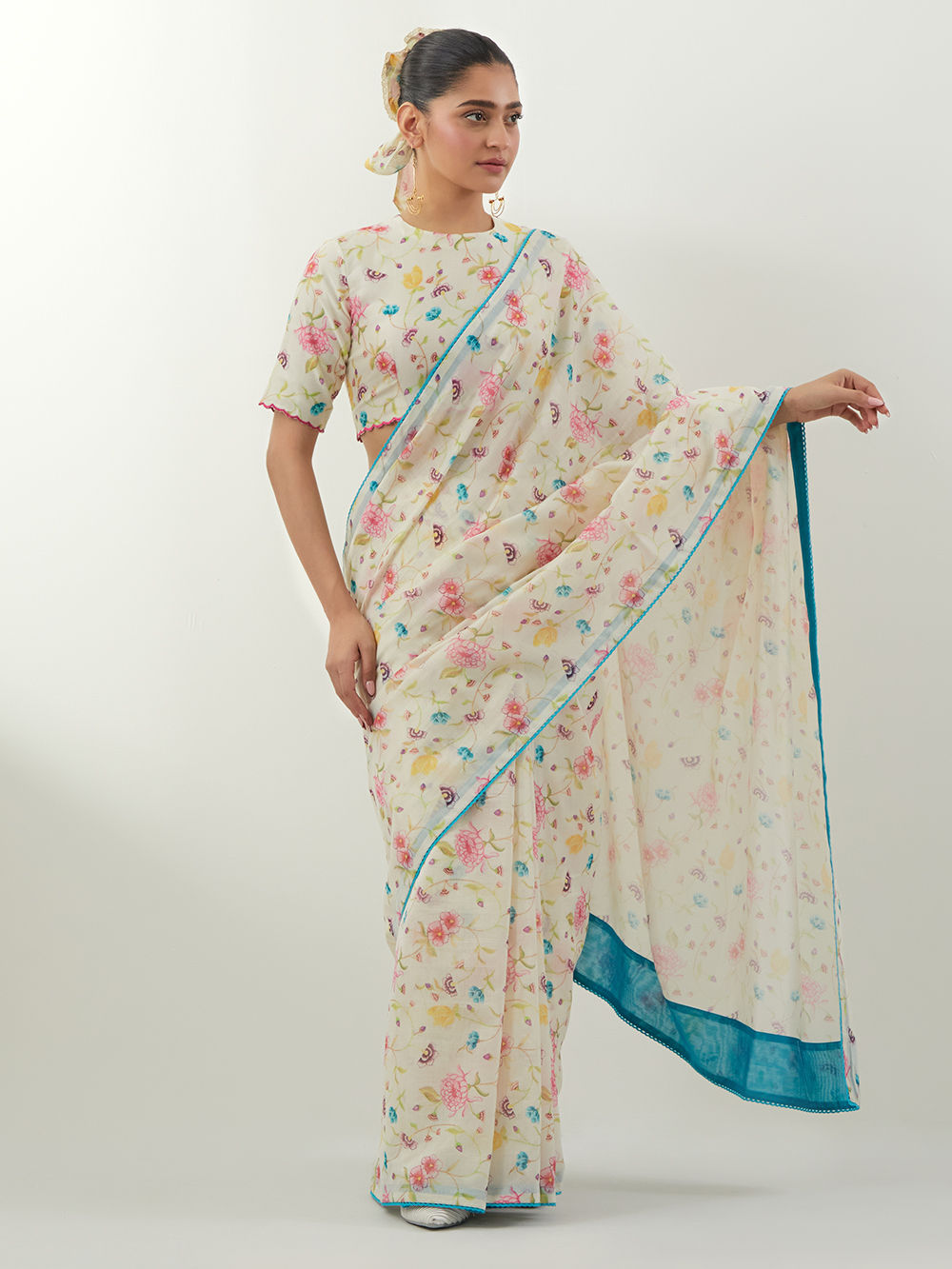 Multicolor Printed Chanderi Saree with Blouse- Set of 2
