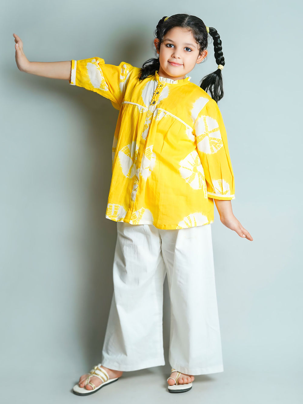 Yellow White Tie and Dye Cotton Top and Palazzo - Set of 2