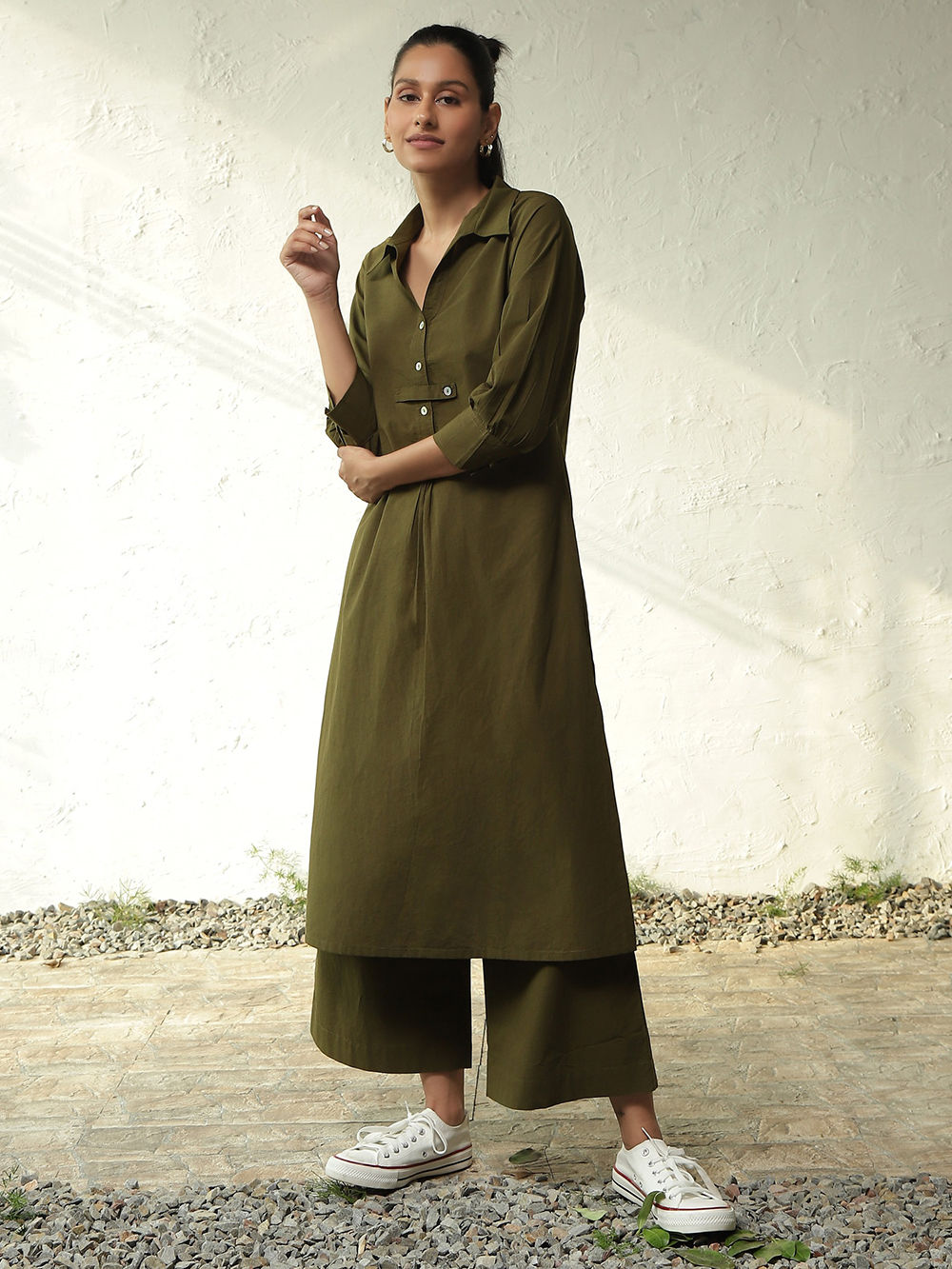 Olive Green Cotton Kurta With Pants - Set Of 2The Loom