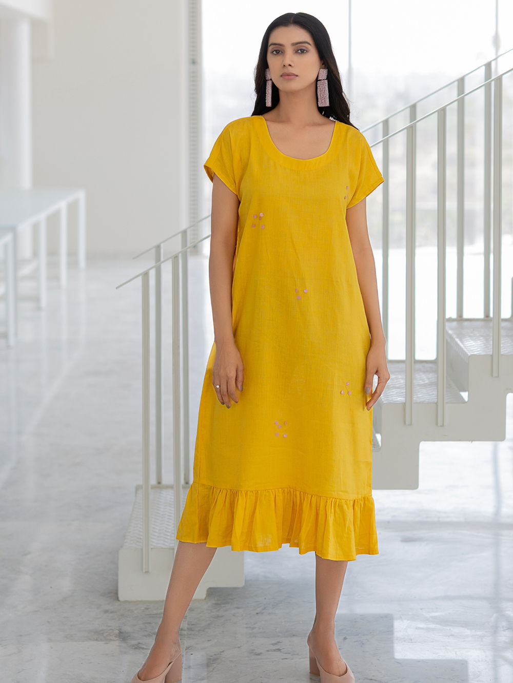 Yellow Viscose Linen Blend Dress