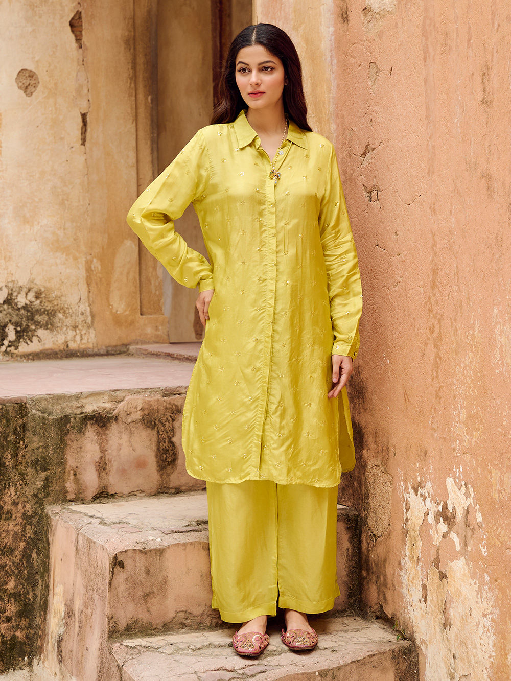 Lime Green Embroidered Silk Co-ord Set - Set of 2