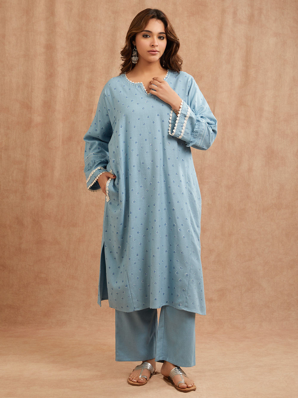 Sky Blue Hand Block Printed Woolen Phiran