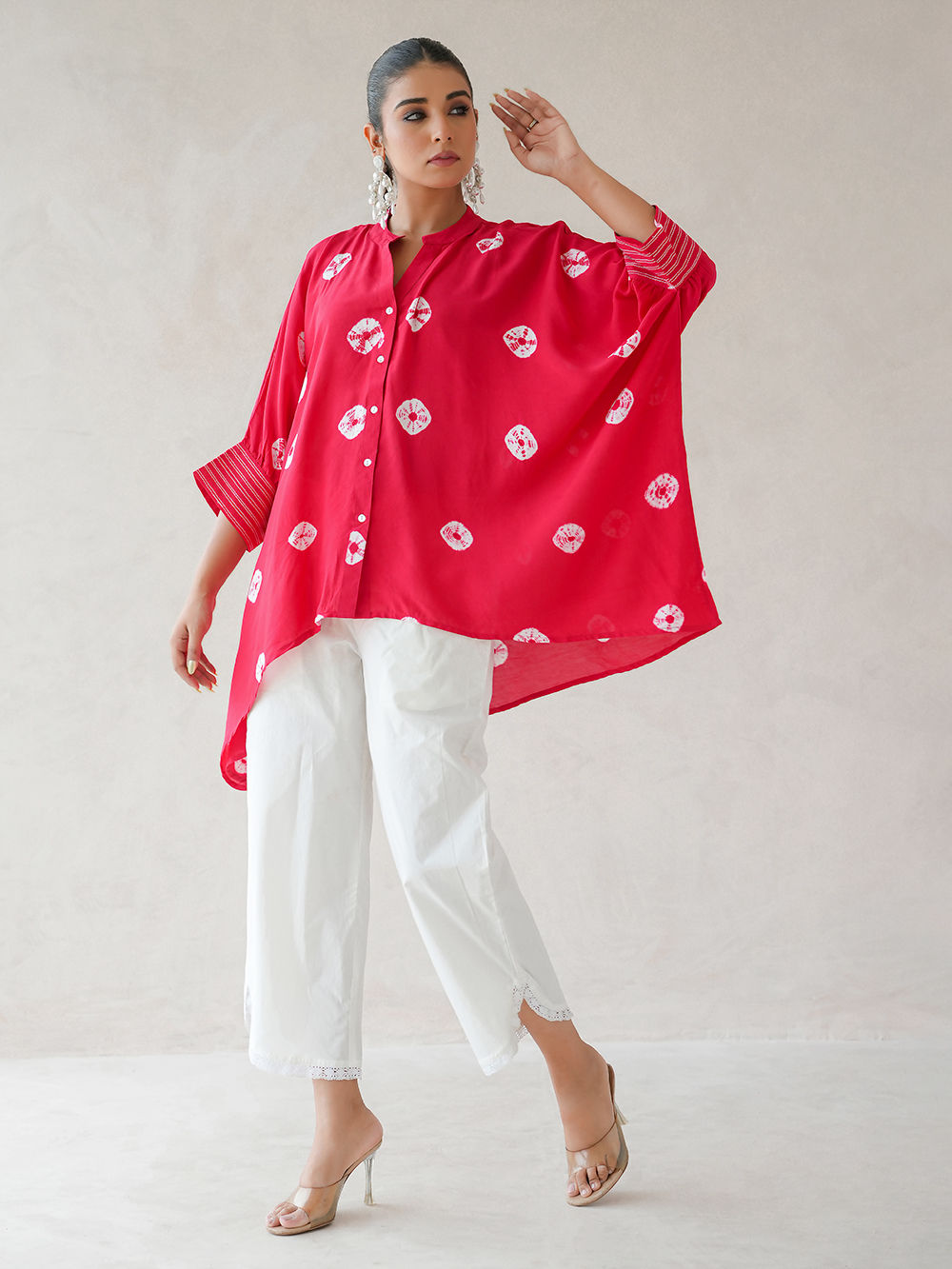 Red Bandhani Tie and Dye Muslin Kaftan Shirt