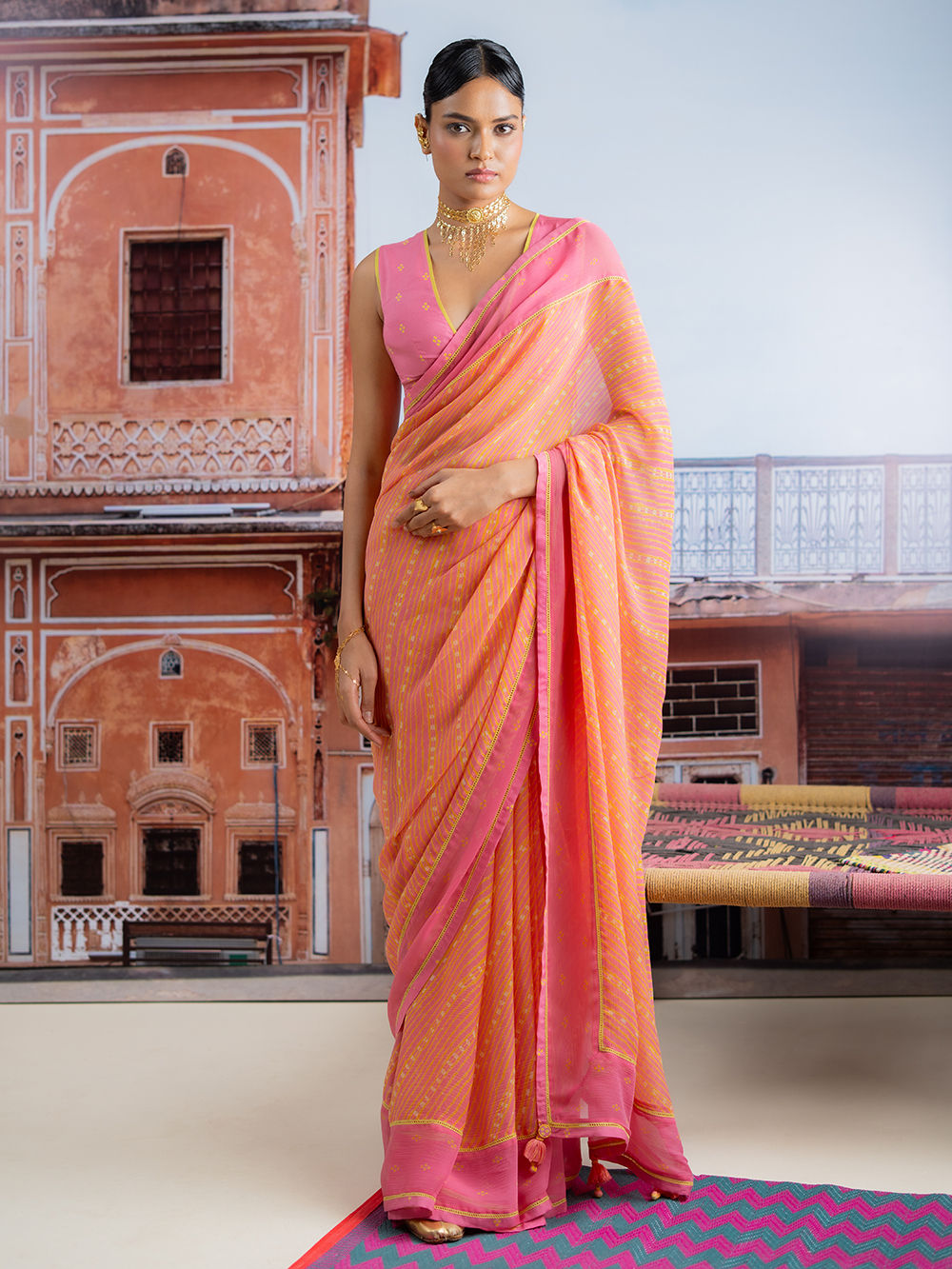 Pink Yellow Printed Muslin Saree with Blouse- Set of 2