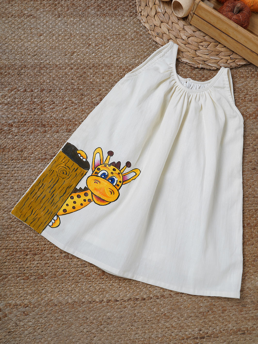 Off White Hand Painted Cotton Linen Dress Off White Hand Painted Cotton Linen Dress