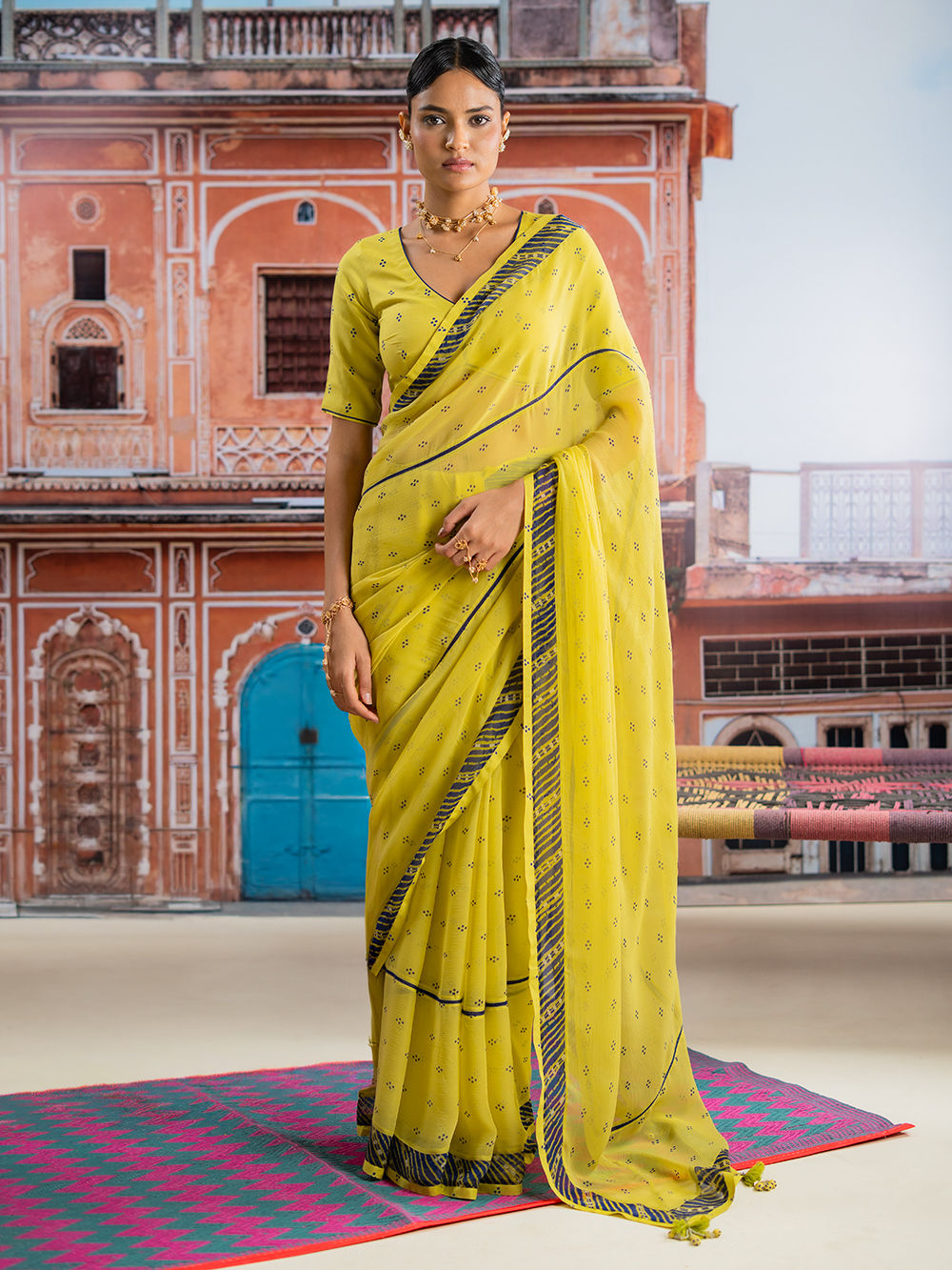 Yellow Printed Muslin Saree with Blouse- Set of 2