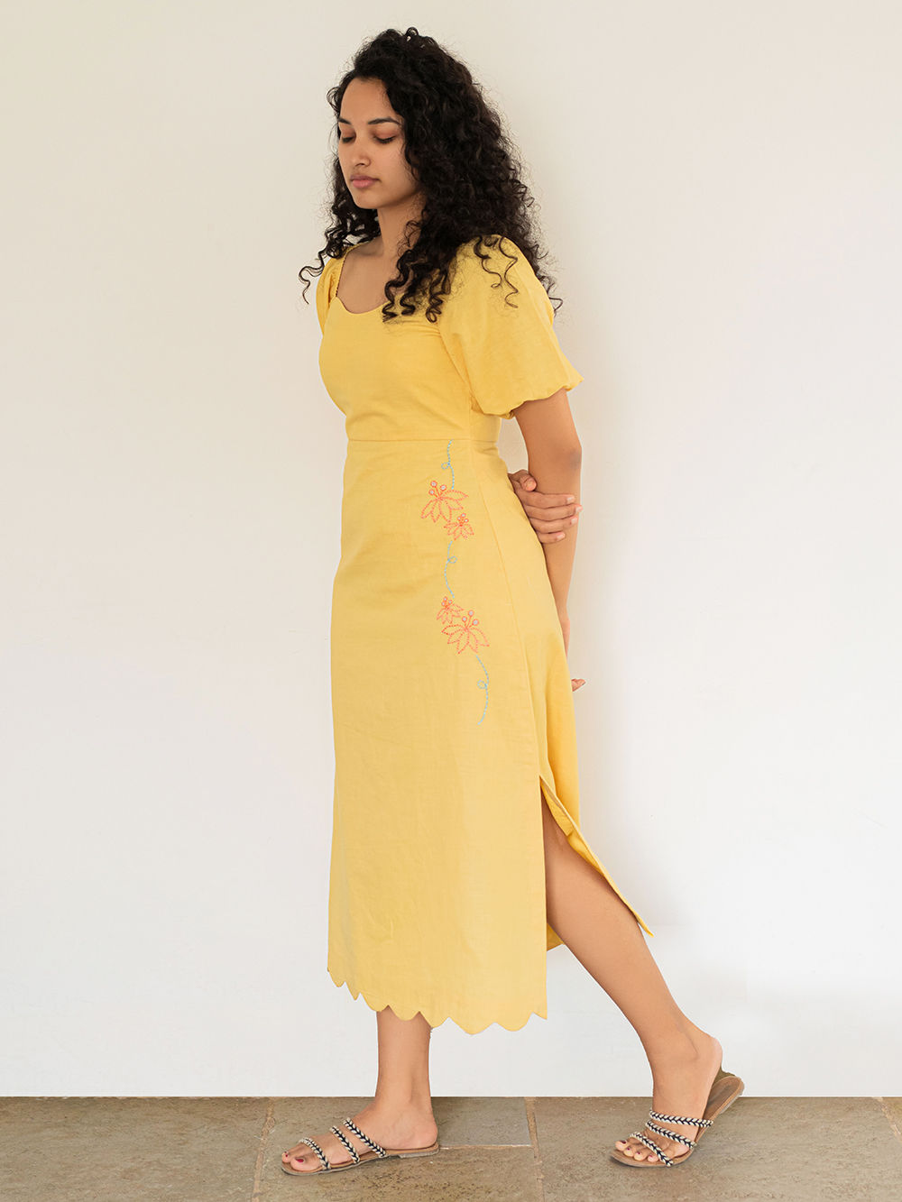 Mustard Yellow Hand Embroidered Handloom Cotton Linen Dress