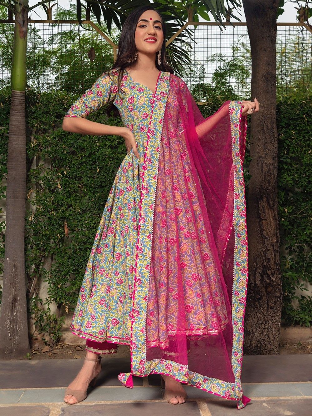 Sage Green Hand Block Printed Cotton Anarkali Suit- Set of